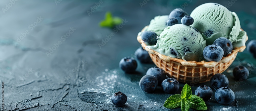 Aufkleber Close up shot of a homemade green mint flavor ice cream with blueberries in a waffle basket with space for text or graphics in the image. with copy space image. Place for adding text or design