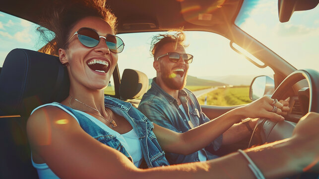 A happy couple enjoying a joyful drive on a sunny day, symbolizing freedom, adventure, and carefree moments.
