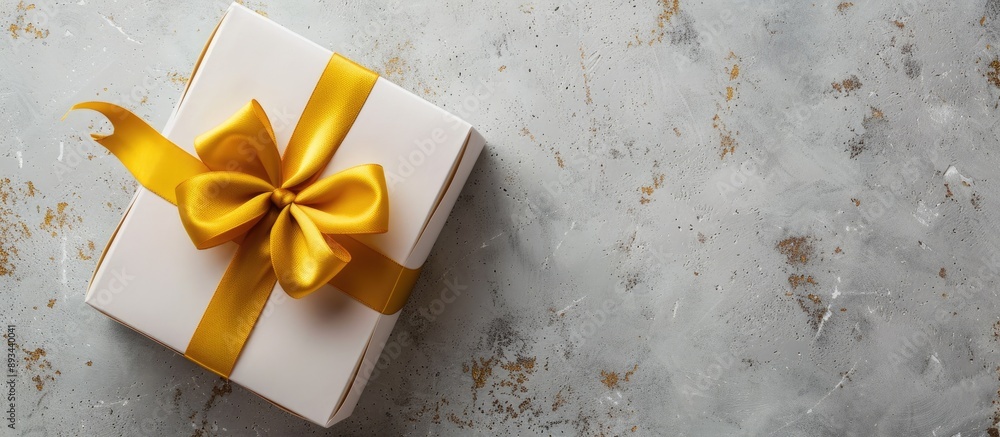 Aufkleber White gift box with a sunny yellow ribbon and bow on a blank background great for placing text or graphics beside it suitable for a copy space image