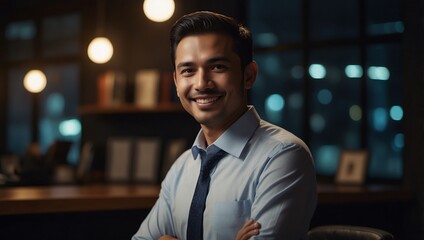 Obraz premium Business man, arms crossed and smiling face with creative worker and confident from admin consultant job. Happy, professional and portrait with entrepreneur employee for startup career at night