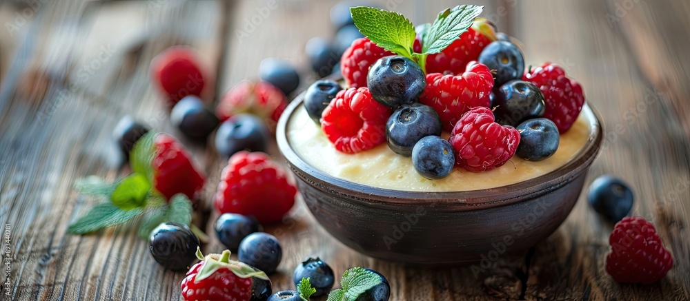 Aufkleber Semolina pudding topped with fresh berries displayed on a wooden surface ideal for a copy space image
