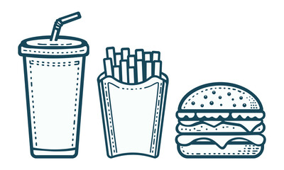 Vector line illustration of fast food. Hamburger icon with fries and sodas Restaurant concept. Isolate