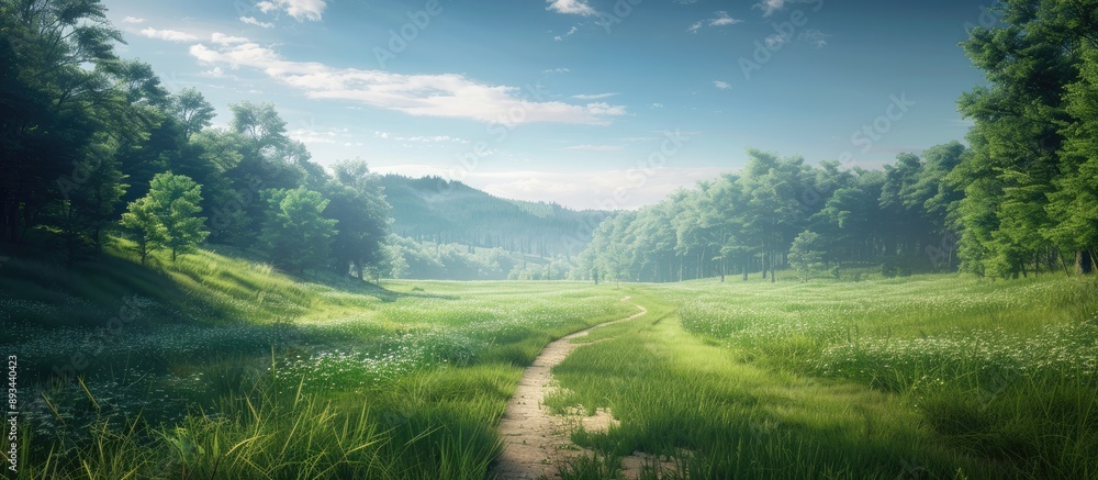 Poster A serene path meandering through lush fields and dense forests under a clear blue sky offering ample copy space in a scenic countryside setting