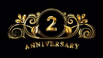 2nd Anniversary Celebration. Happy 2 Years Anniversary Animation in Gold Color on the Transparent Background, Alpha Channel. Great for greetings, celebrations, events, and gifts.