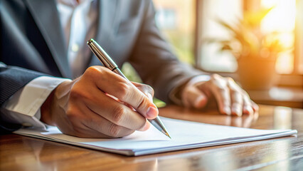 Close-up of a hand grasping a pen, poised to write on a important document, amidst a clutter-free desk with subtle natural light illumination.