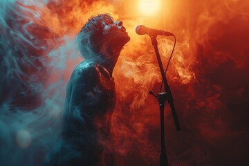 A singer passionately performs on stage surrounded by colorful smoke and dramatic lighting effects, capturing the energy and emotion of a live musical performance.
