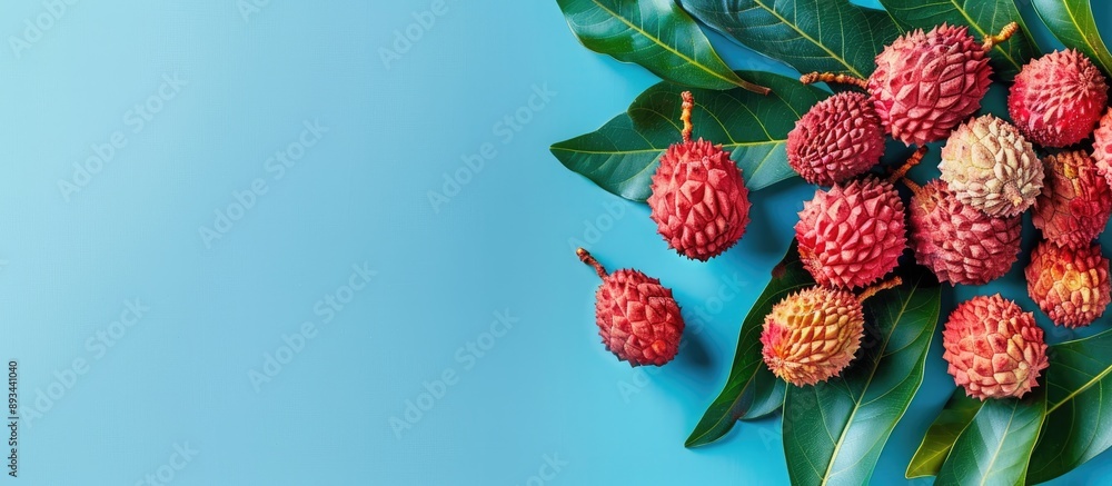 Poster flat lay of fresh ripe lychees with leaves on a blue backdrop offering copy space for text