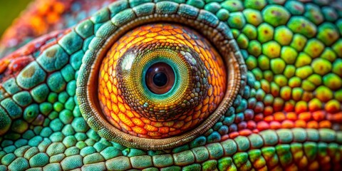 Obraz premium Chameleon Eye Close Up - Macro Photography of Reptile Skin Texture, Vibrant Colors, Nature Detail, Wild Animal