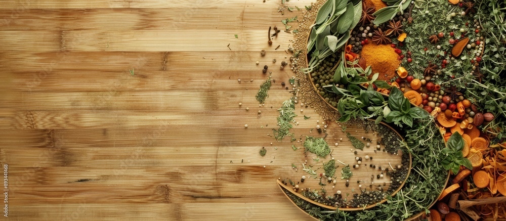 Poster wooden surface displaying a yin yang formation of spices and herbs ideal for cooking with ample copy