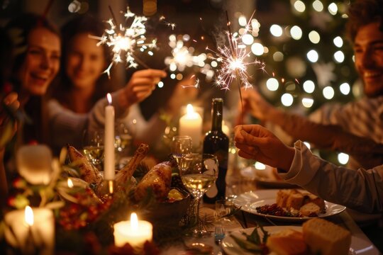 Capture the festive celebration and joyous ambiance of an intimate dinner party with sparklers, candles, and warm decor, creating a comfortable, cozy, and cheerful atmosphere for friends to enjoy