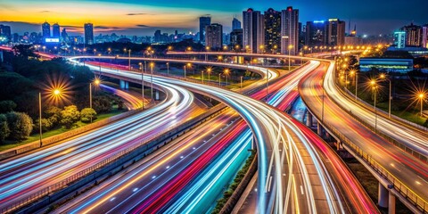 Fototapeta premium Cityscape with traffic light trails at night, long exposure photography