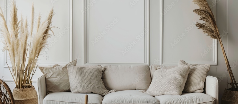 Poster a basic living room setting with a white wall providing ample copy space for a wide angle banner ima