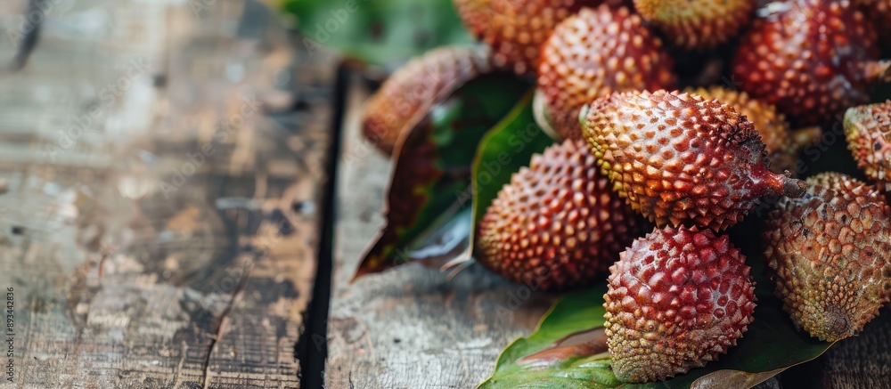 Poster Close up of fresh ripe salak fruits on a wooden table with copy space image available