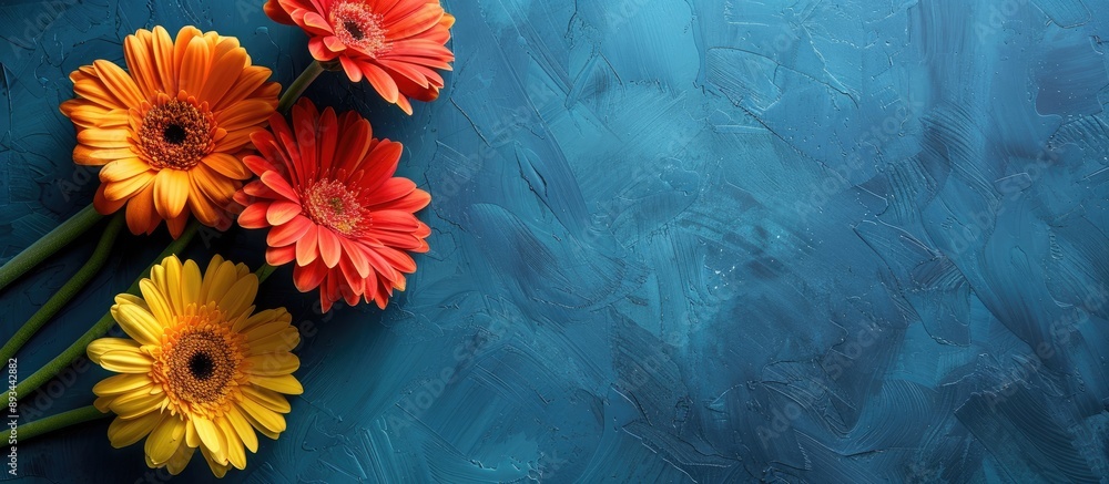 Aufkleber Vibrant gerbera blossoms on a blue backdrop View from above with room for text or images. with copy space image. Place for adding text or design