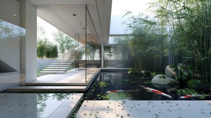 A minimalist cubic house with a transparent glass floor over a koi pond, surrounded by bamboo.