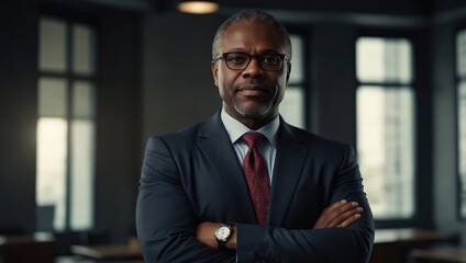 Fototapeta premium CEO, portrait and mature black man with arms crossed for corporate career, business and leadership. Face, professional and confident entrepreneur, manager or investment advisor in office