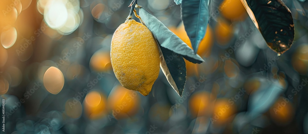Poster a small lemon hangs from a tree with a blurry background leaving room for a copy space image