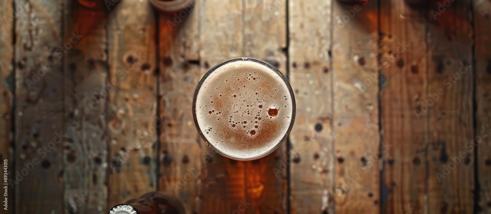 Poster Top view of a beer glass on a wooden table with beer bottles around it The image features selective focus and a blank template for copy space