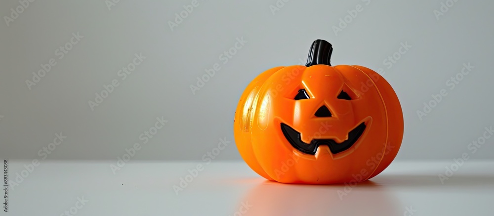 Poster celebrate halloween with an orange plastic pumpkin doll on a white background featuring a festive im