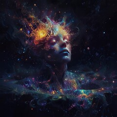 Fototapeta premium An evocative image of a partly formed human body coming into being from what appears to a cosmic soup of glowing light fractals and sparkle energy 