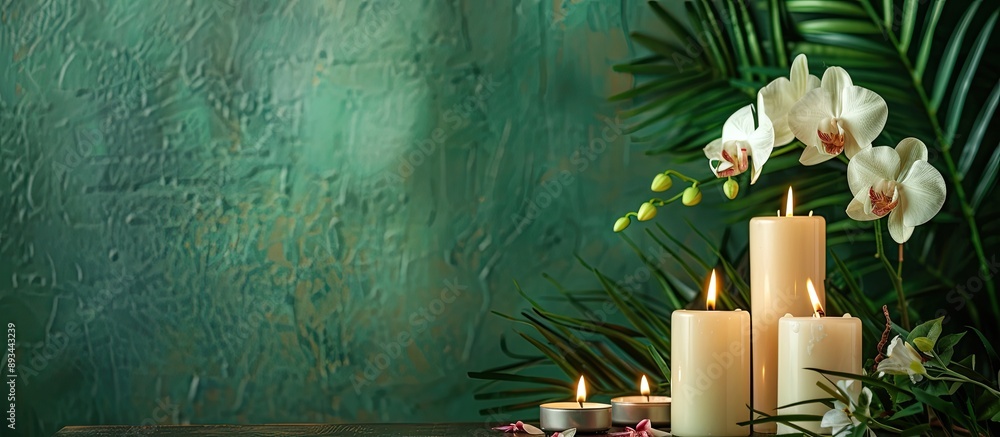 Poster a table near a green wall features a composition of burning candles and fresh flowers ideal for a co