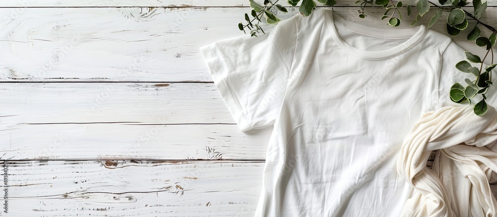 Aufkleber top view of a stylish t shirt displayed on a white wooden surface with copy space image