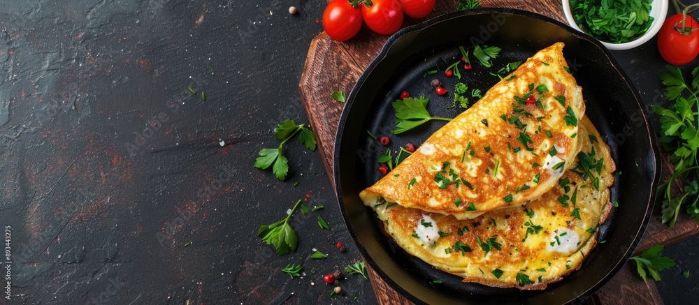 Poster top down shot of a breakfast dish comprising salmon omelet in cast iron with sour cream sauce comple