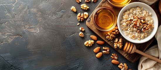 A wholesome breakfast featuring oatmeal assorted nuts and honey on a wooden board with a top down view and space for additional imagery