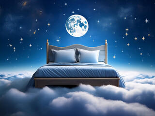 Fototapeta premium Upholstered twin bed on clouds with moon and stars.
