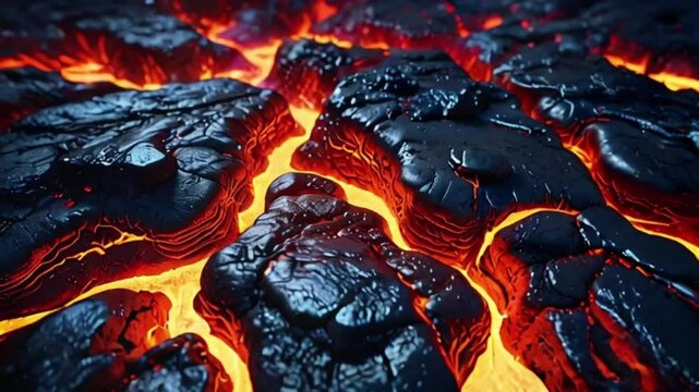 Molten Lava Flow: A close-up of a lava field with red-hot lava flowing between dark, solidified rocks. The intense glow contrasts with the cooled surface, creating a striking visual effect of Earth's 