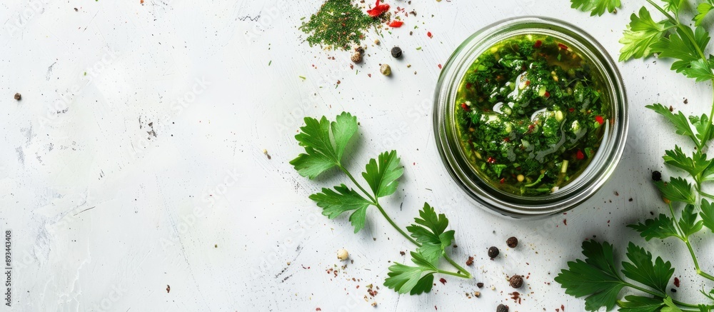 Fototapete chimichurri green sauce with herbs and spices in a jar on a white background with space for text. wi