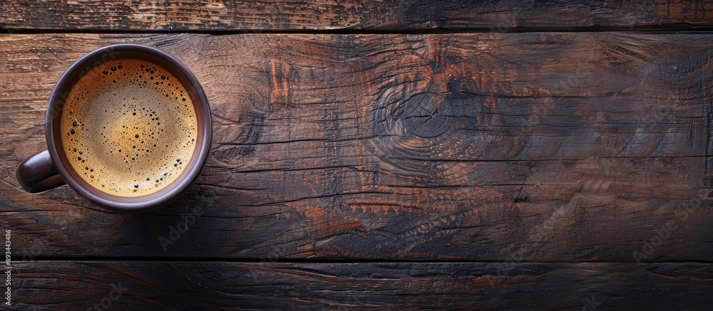Fototapete top view of a cup of coffee displayed on a wooden surface with empty space for additional images