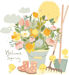 Naklejka premium Cartoon Big Bouquet of Flowers with Agriculture Equipment. Vector Illustration