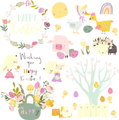 Vector Cartoon Easter Set with Rabbits, Farm Animals and Flowers