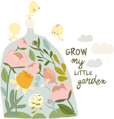 Vector Cartoon Illustration with Little Garden and Chicks