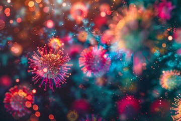 Fototapeta premium Colorful Viruses under microscope, Dangerous influenza or coronavirus cells for background