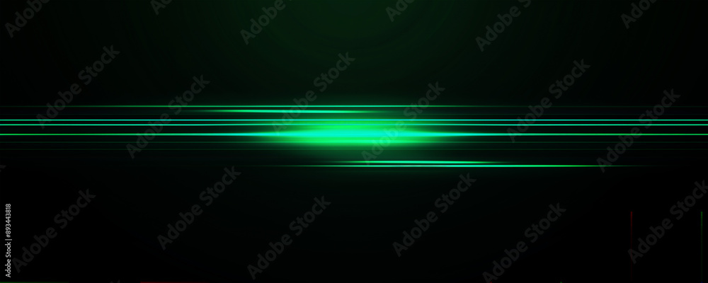 Wall mural green glowing lines on a black background.. an abstract horizontal green light effect with long line