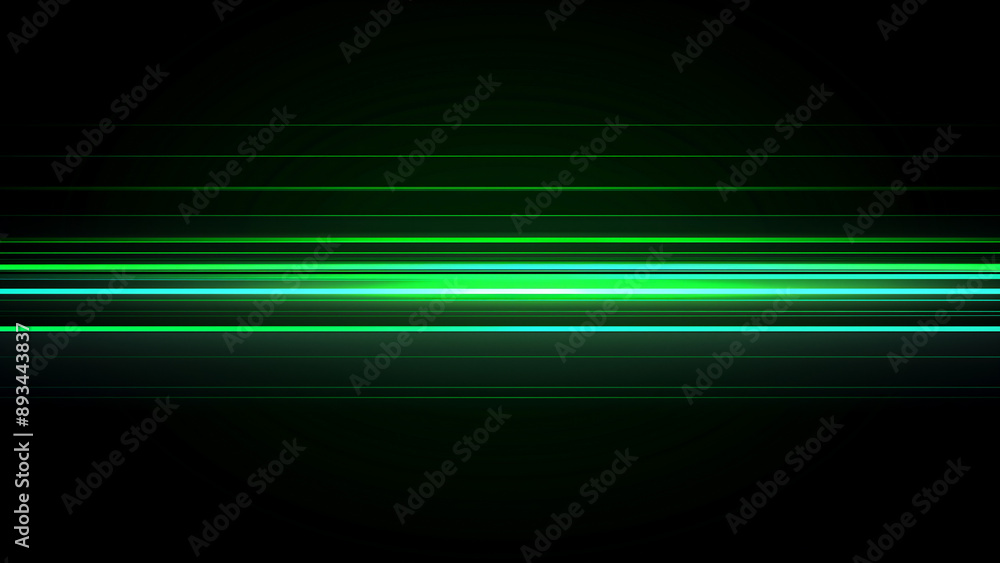 Wall mural green glowing lines on a black background.. an abstract horizontal green light effect with long line