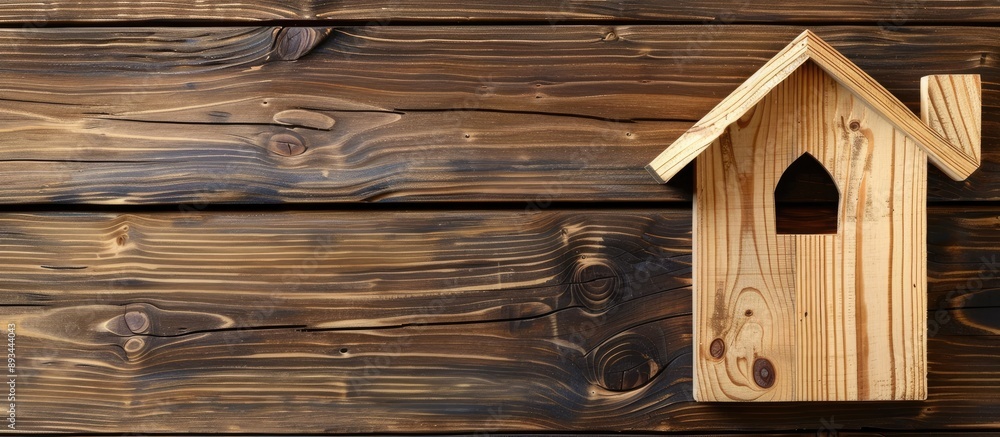 Poster top view of a wooden house model on a wooden backdrop with ample copy space image ideal for illustra
