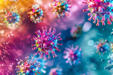 Colorful Viruses under microscope, Dangerous influenza or coronavirus cells for background