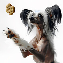 Naklejka premium Funny dog, chinese crested dog catching a biscuit treat, flying through the air, white background