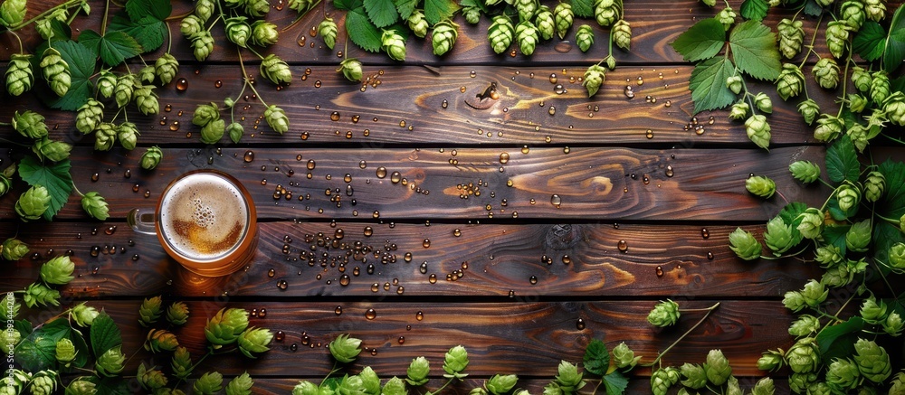 Poster wooden background with a refreshing glass of light beer surrounded by water droplets and green hops 