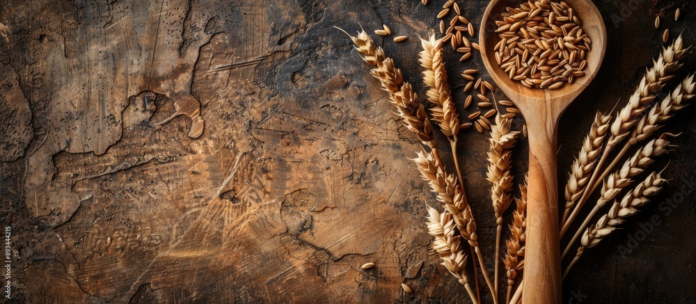 Poster a wooden spoon with wheat grains creating a rustic look is displayed in a copy space image