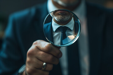 Businessman holding a loupe, magnifying glass