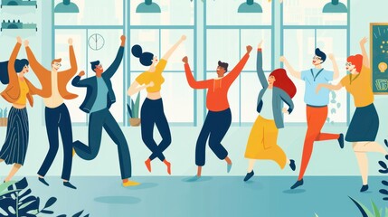 Joyful Office Dance Celebration: Colleagues Enjoying Fun Break