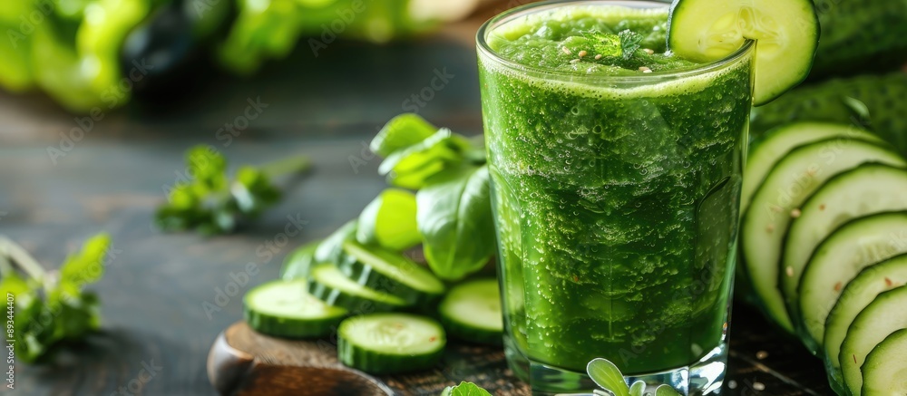 Poster A detoxifying spread with a green smoothie and fresh vegetables arranged neatly on the table with copy space image