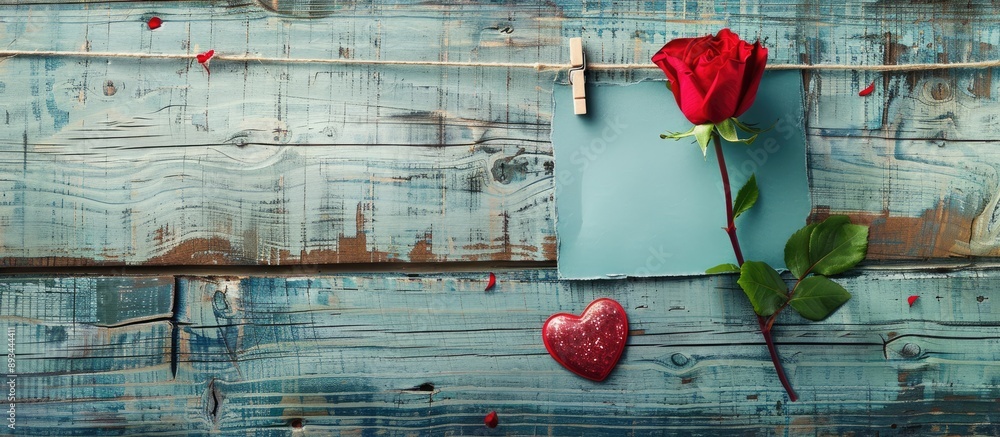 Leinwandbilder Valentine s Day card mockup with a rose and a heart attached by a clothespin on a rustic wooden background displaying a happy lovers day message including copy space for added elements in a horizonta