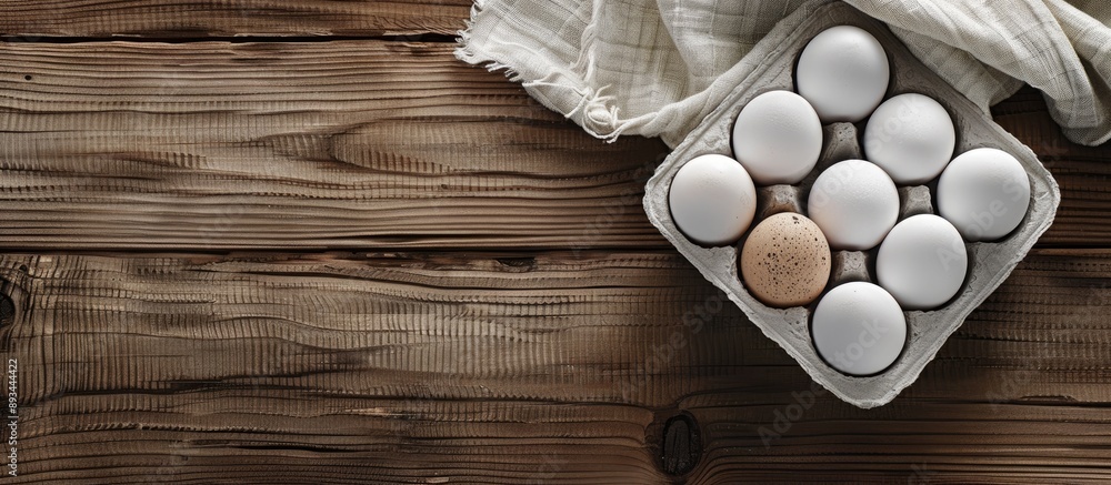 Poster White eggs on a wooden table in a tray with copy space image