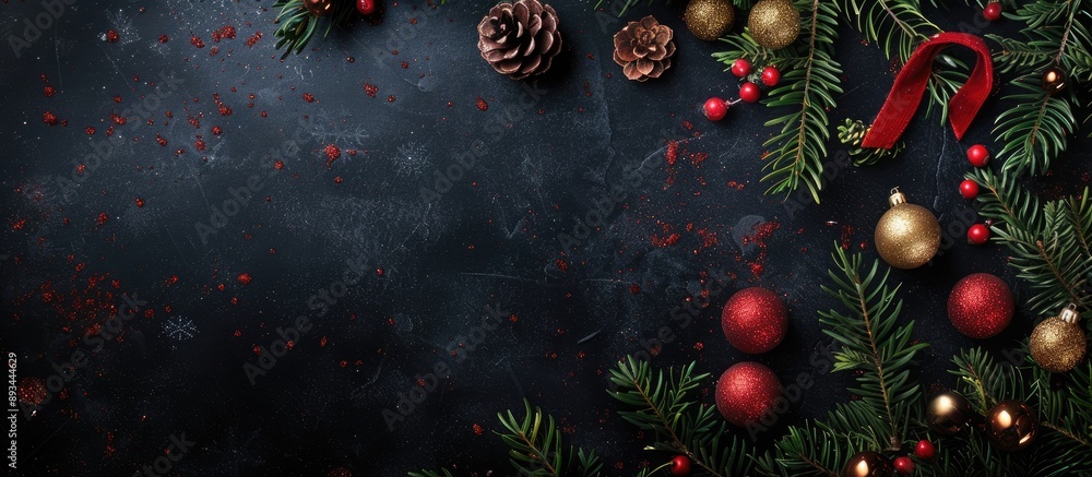 Aufkleber a festive christmas theme with evergreen branches red and gold ornaments on a dark backdrop perfect 