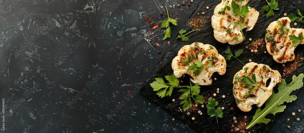 Aufkleber Cauliflower steak seasoned with herbs and spices displayed on a dark stone surface with copy space for text or design captured from a top down angle